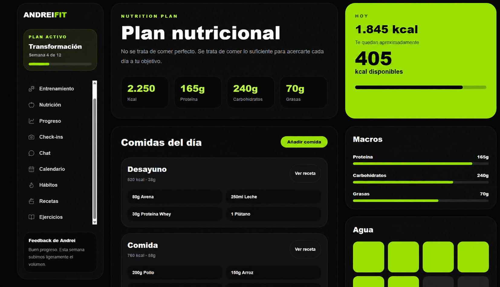 Captura del panel de nutrición de AndreiFit