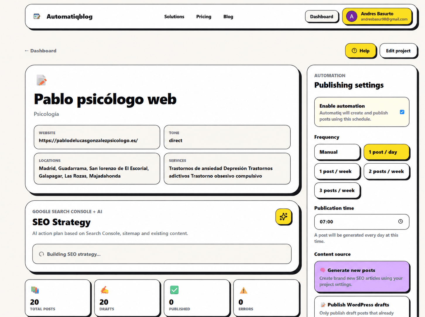 Captura del panel de estrategia SEO y publicación de AutomatiqBlog