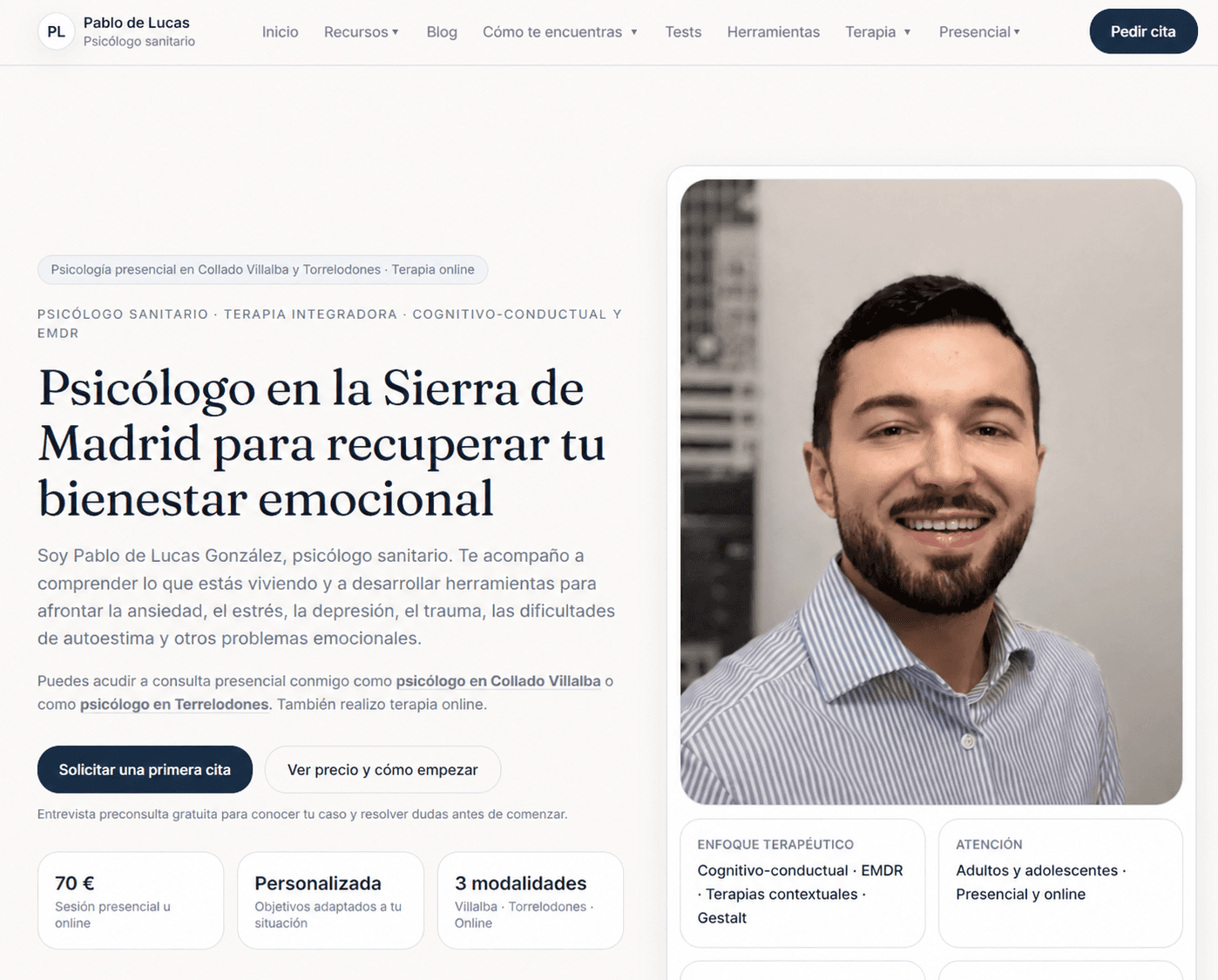 Captura de la página principal de Pablo de Lucas Psicólogo